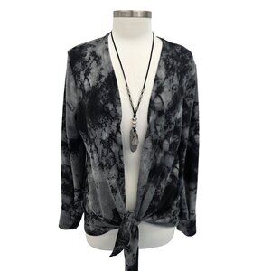 Colleen Lopez Women Open Front Tie Dye Long Sleeve Cardigan Sweater Black Gray M
